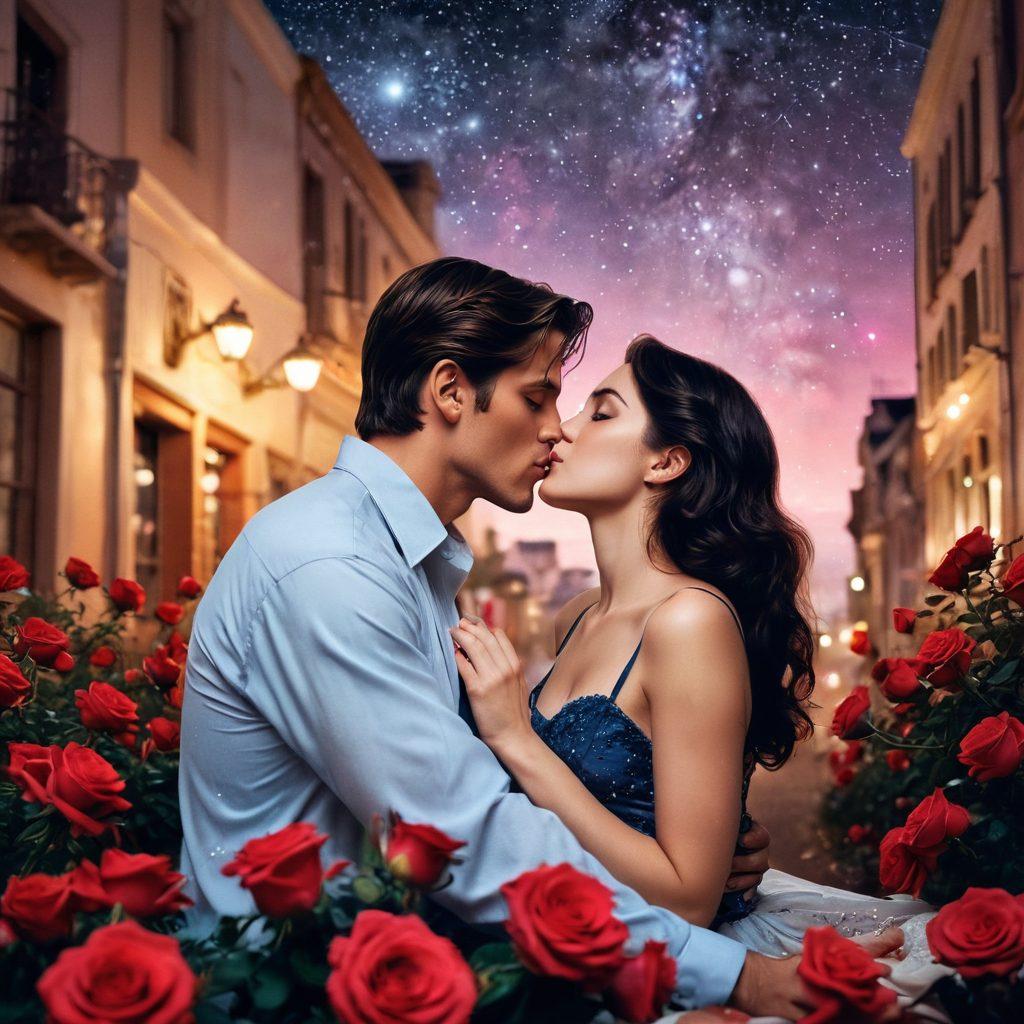 A romantic scene featuring iconic elements from classic and contemporary romance films, including a couple sharing a passionate kiss under a starry sky, surrounded by film reels and roses. The background should be a collage of famous movie posters, blending warm and soft colors to evoke a nostalgic feeling. The lighting should be moody and cinematic, enhancing the romantic atmosphere. super-realistic. vibrant colors. soft focus.