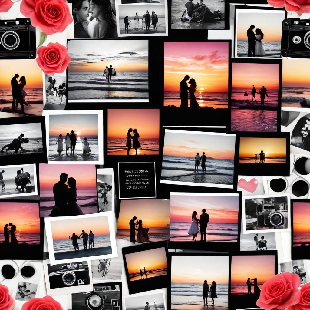 A heartwarming collage featuring iconic romantic movie scenes, including a classic black-and-white film still, a vibrant contemporary romantic comedy moment, and a dreamy sunset beach proposal, all surrounded by film reels and roses. The colors should be soft yet vivid, creating a nostalgic yet fresh atmosphere. Include whimsical elements like floating hearts and film claps. super-realistic. vibrant colors. white background.
