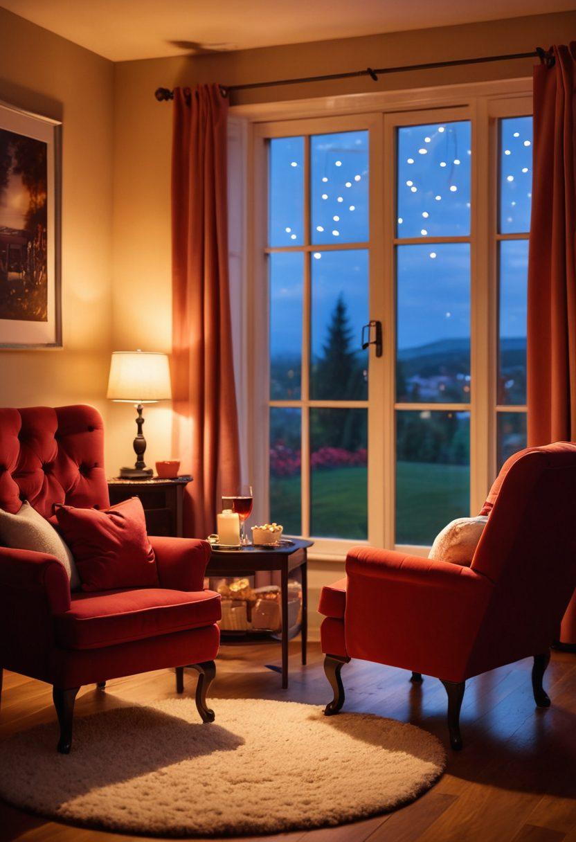 A cozy movie night setup featuring two plush armchairs facing a large screen displaying a romantic scene from a film, with popcorn and a bottle of red wine on a small table. Soft, ambient lighting and heart-shaped decorations create a warm atmosphere. Include a window with a starlit sky visible outside, adding to the romantic vibe. super-realistic. warm colors. soft focus.